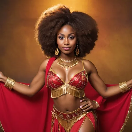 Prompt: A brown skinned Nigerian woman. 6 foot and trim pear shape. Almond shaped eyes and an Afro in a red and gold belly dancing outfit.