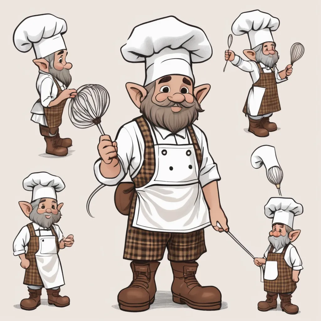 Prompt: a character design illustration of a gnome holding a large whisk, wearing a white chef hat, white uniform top, brown plaid apron, and floppy boots