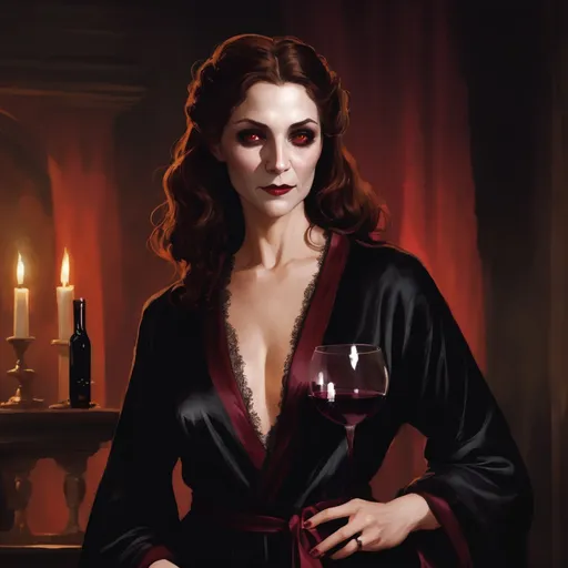 Prompt: a vampire woman, with wavy brown hair, wearing a black floor-length silk robe with feathery trim, holding glass of red wine.