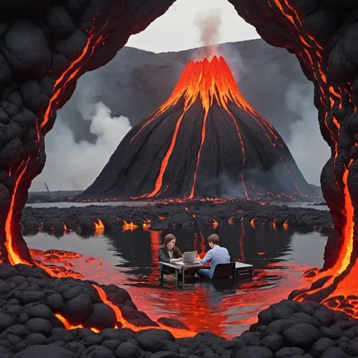 Prompt: programmers swimming in a lake of lava
