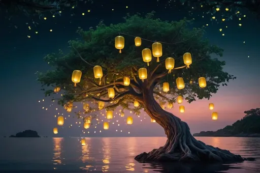 Prompt: mystical tree illuminated by fireflies overlooking the ocean with floating lanterns above the water