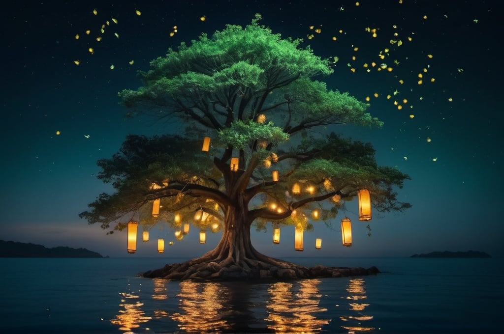 Prompt: mystical tree illuminated by fireflies overlooking the ocean with floating lanterns above the water