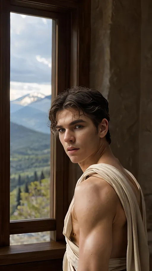 Prompt: Handsome young man in toga, mountain view from window, high quality, realistic, classical art style, warm natural lighting, detailed facial features, scenic landscape, serene atmosphere, traditional painting, ancient Greek vibes, realistic skin texture, toga drapery, contemplative expression, peaceful ambiance, professional, detailed scenery