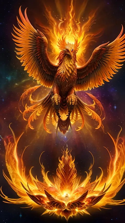 Prompt: Majestic phoenix rising from primordial cosmic egg, vibrant colors and intricate details, high quality, mythical, cosmic, detailed feathers, intense and powerful stance, radiant golden and fiery orange tones, ethereal lighting