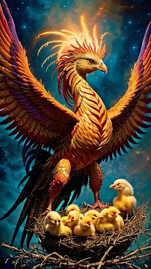 Prompt: Mother phoenix guarding newborn chicks, vibrant and radiant feathers, mythical oil painting, detailed feathers with fiery reflections, majestic and protective stance, glowing nest, intense and warm lighting, high quality, mythical, vibrant colors, detailed feathers, protective, warm lighting, oil painting