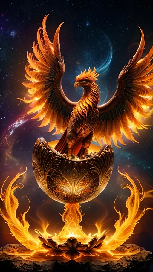 Prompt: Majestic phoenix rising from primordial cosmic egg, vibrant colors and intricate details, high quality, mythical, cosmic, detailed feathers, intense and powerful stance, radiant golden and fiery orange tones, ethereal lighting