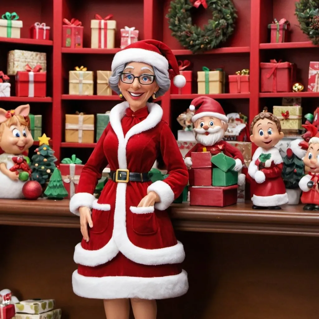 Prompt: Animated Mrs. Christmas the owner of a Christmas Decor Store