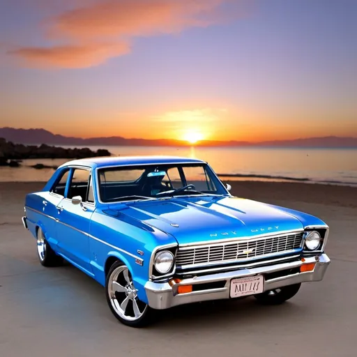 Prompt: 1967 CHEVY NOVA MAKE THE COLOR MARBLE BLUE WITH 26 INCH RIMS MAKE THE BACK DROP SOMEWHERE IN CALIFORNIA SUNSET 
