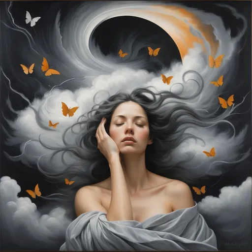 Prompt: The title image features a close-up of a woman shown from the collarbone up, occupying the lower third of the canvas. She is rendered in a naturalistic black and white style, or in shades of gray, with beautiful flowing hair and gently closed eyes, conveying a serene yet introspective expression.

Above her head, the imaginative storm fills the upper two-thirds of the canvas, bursting with swirling, colorful elements that symbolize the chaos of thoughts typical of a "storm in the mind." The storm is outgoing from her head .. no strict lines.. and it  includes dark patches and bright, jagged lightning bolts in vibrant colors, illuminating the scene. Interspersed within the storm are whimsical elements like butterflies, flowers, lightbulbs, paper clips, snail shells, mathematical formulas, and to-do lists, all rendered in bright, playful colors.

Fluffy, cotton-like cloud elements drift throughout the storm, adding a sense of depth and movement. A vibrant rainbow arcs through the chaos, representing the beauty and joy that can emerge from turbulent thoughts. Flowing lines in various shades of gray weave through the scene, illustrating the dynamic interplay of imagination and thought, creating a vivid tapestry of creativity that fills the upper part of the canvas.