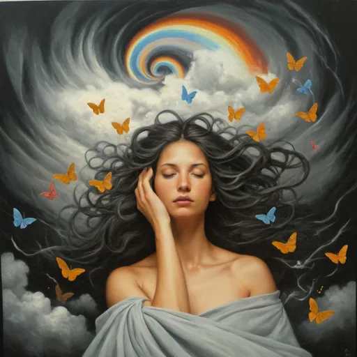 Prompt: The title image features a close-up of a woman shown from the collarbone up, occupying the lower third of the canvas. She is depicted in a naturalistic black and white style or in shades of gray, with beautiful flowing hair and gently closed eyes, conveying a serene yet introspective expression.

Above her head, the imaginative storm fills the upper two-thirds of the canvas, bursting with swirling, colorful elements that symbolize the chaos of thoughts typical of a "storm in the mind." The storm is filled with fluffy, cotton-like clouds in various shades, interspersed with bright, jagged lightning bolts in vibrant colors, creating a striking contrast.

Within this storm, a myriad of whimsical elements emerges, including:

Butterflies in bright hues, fluttering amidst the clouds.
Flowers in various colors, blooming within the chaos.
Lightbulbs representing bright ideas, glowing with warmth.
Paper clips scattered throughout, symbolizing organization amidst disorder.
Snail shells, adding a playful touch to the composition.
Mathematical formulas, written in bright colors, swirling around as representations of thoughts.
To-do lists, partially unrolled and floating in the storm, symbolizing daily life and responsibilities.
These elements interact dynamically within the colorful storm, creating a vivid tapestry of creativity that bursts forth from her mind. A vibrant rainbow arcs through the chaos, representing the beauty and joy that can emerge from turbulent thoughts. Flowing lines in various shades of gray weave through the scene, illustrating the interplay of imagination and thought.