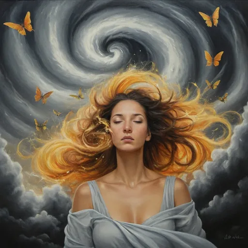 Prompt: The image is a vertical portrait, with a woman occupying the lower third of the canvas. Her face is central, viewed from the front, drawn in a naturalistic, black-and-white or grayscale style. She has beautiful, flowing hair, and her eyes are closed, projecting a sense of calm introspection. The focus is on the chaotic yet creative storm erupting from her head, which occupies the upper two-thirds of the canvas.

Above her, the storm swirls with a dynamic mix of fluffy, cotton-like clouds in shades of gray and dark patches, broken up by bright, golden lightning bolts that strike through the storm. Butterflies, in vivid colors, flutter freely among the clouds, while flowers bloom in different spots. Bright lightbulbs hover as symbols of fresh ideas. Scattered throughout the storm are paper clips, some clipped to floating to-do lists that unravel in the air. Snail shells add a whimsical touch, and mathematical formulas are etched in glowing colors, twisting and merging with the storm elements.

The woman's hair flows gently into the storm, blending at the edges, while the storm continues to generate new chaotic yet creative elements. A rainbow arcs through the scene, showing how positive outcomes emerge from the chaos. The entire storm is colorful, contrasting with the grayscale woman, filled with light, color, and energy.