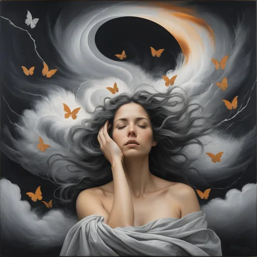 Prompt: The title image features a close-up of a woman shown from the collarbone up, occupying the lower third of the canvas. She is rendered in a naturalistic black and white style, or in shades of gray, with beautiful flowing hair and gently closed eyes, conveying a serene yet introspective expression.

Above her head, the imaginative storm fills the upper two-thirds of the canvas, bursting with swirling, colorful elements that symbolize the chaos of thoughts typical of a "storm in the mind." The storm is outgoing from her head .. no strict lines.. and it  includes dark patches and bright, jagged lightning bolts in vibrant colors, illuminating the scene. Interspersed within the storm are whimsical elements like butterflies, flowers, lightbulbs, paper clips, snail shells, mathematical formulas, and to-do lists, all rendered in bright, playful colors.

Fluffy, cotton-like cloud elements drift throughout the storm, adding a sense of depth and movement. A vibrant rainbow arcs through the chaos, representing the beauty and joy that can emerge from turbulent thoughts. Flowing lines in various shades of gray weave through the scene, illustrating the dynamic interplay of imagination and thought, creating a vivid tapestry of creativity that fills the upper part of the canvas.