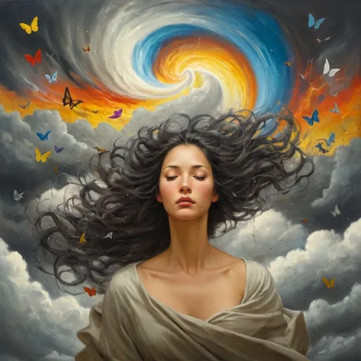 Prompt: The image is a vertical portrait, with a woman occupying the lower third of the canvas. Her face is central, viewed from the front, drawn in a naturalistic, black-and-white or grayscale style. She has beautiful, flowing hair, and her eyes are closed, projecting a sense of calm introspection. The focus is on the chaotic yet creative storm erupting from her head, which occupies the upper two-thirds of the canvas.

Above her, the storm swirls with a dynamic mix of fluffy, cotton-like clouds in shades of gray and dark patches, broken up by bright, golden lightning bolts that strike through the storm. Butterflies, in vivid colors, flutter freely among the clouds, while flowers bloom in different spots. Bright lightbulbs hover as symbols of fresh ideas. Scattered throughout the storm are paper clips, some clipped to floating to-do lists that unravel in the air. Snail shells add a whimsical touch, and mathematical formulas are etched in glowing colors, twisting and merging with the storm elements.

The woman's hair flows gently into the storm, blending at the edges, while the storm continues to generate new chaotic yet creative elements. A rainbow arcs through the scene, showing how positive outcomes emerge from the chaos. The entire storm is colorful, contrasting with the grayscale woman, filled with light, color, and energy.