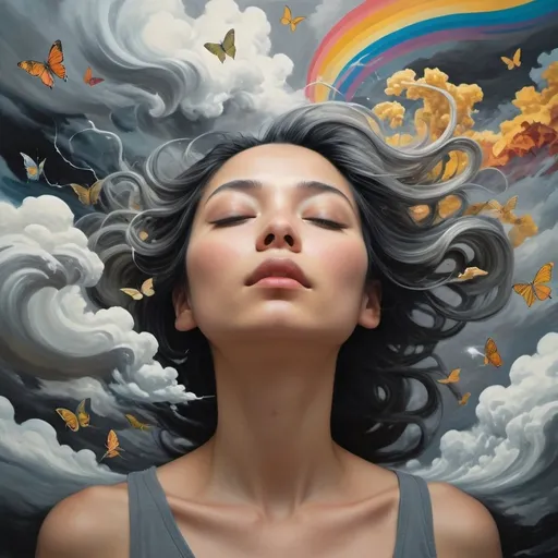 Prompt: The title image features a close-up of a woman shown from the collarbone up, occupying the lower third of the canvas. She is rendered in a naturalistic black and white style, or in shades of gray, with beautiful flowing hair and gently closed eyes, conveying a serene yet introspective expression.

Above her head, the imaginative storm fills the upper two-thirds of the canvas, bursting with swirling, colorful elements that symbolize the chaos of thoughts typical of a "storm in the mind." The storm includes dark patches and bright, jagged lightning bolts in vibrant colors, illuminating the scene. Interspersed within the storm are whimsical elements like butterflies, flowers, lightbulbs, paper clips, snail shells, mathematical formulas, and to-do lists, all rendered in bright, playful colors.

Fluffy, cotton-like cloud elements drift throughout the storm, adding a sense of depth and movement. A vibrant rainbow arcs through the chaos, representing the beauty and joy that can emerge from turbulent thoughts. Flowing lines in various shades of gray weave through the scene, illustrating the dynamic interplay of imagination and thought, creating a vivid tapestry of creativity that fills the upper part of the canvas.