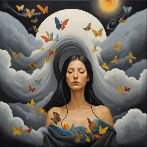 Prompt: The title image features a close-up of a woman shown from the collarbone up, occupying the lower third of the canvas. She is rendered in a naturalistic black and white style, or in shades of gray, with beautiful flowing hair and gently closed eyes, conveying a serene yet introspective expression.

Above her head, the imaginative storm fills the upper two-thirds of the canvas, bursting with swirling, colorful elements that symbolize the chaos of thoughts typical of a "storm in the mind." The storm includes dark patches and bright, jagged lightning bolts in vibrant colors, illuminating the scene. Interspersed within the storm are whimsical elements like butterflies, flowers, lightbulbs, paper clips, snail shells, mathematical formulas, and to-do lists, all rendered in bright, playful colors.

Fluffy, cotton-like cloud elements drift throughout the storm, adding a sense of depth and movement. A vibrant rainbow arcs through the chaos, representing the beauty and joy that can emerge from turbulent thoughts. Flowing lines in various shades of gray weave through the scene, illustrating the dynamic interplay of imagination and thought, creating a vivid tapestry of creativity that fills the upper part of the canvas.