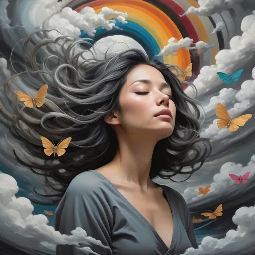 Prompt: The title image features a close-up of a woman shown from the collarbone up, occupying the lower third of the canvas. She is rendered in a naturalistic black and white style, or in shades of gray, with beautiful flowing hair and gently closed eyes, conveying a serene yet introspective expression.

Above her head, the imaginative storm fills the upper two-thirds of the canvas, bursting with swirling, colorful elements that symbolize the chaos of thoughts typical of a "storm in the mind." The storm includes dark patches and bright, jagged lightning bolts in vibrant colors, illuminating the scene. Interspersed within the storm are whimsical elements like butterflies, flowers, lightbulbs, paper clips, snail shells, mathematical formulas, and to-do lists, all rendered in bright, playful colors.

Fluffy, cotton-like cloud elements drift throughout the storm, adding a sense of depth and movement. A vibrant rainbow arcs through the chaos, representing the beauty and joy that can emerge from turbulent thoughts. Flowing lines in various shades of gray weave through the scene, illustrating the dynamic interplay of imagination and thought, creating a vivid tapestry of creativity that fills the upper part of the canvas.