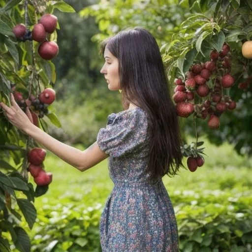 Prompt: Woman standing in a garden and picking fruit from tree