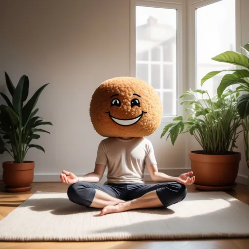 Prompt: a smiling realistic human with croquette head sitting on a carpet to meditate, in a tidy cosy room with much sunshine and some plants, happy, serene, content