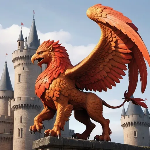 Prompt:  mythological griffin, soaring from a grand gothic castle, wings spread wide, (vibrant orange and red tones), dramatic sky at dawn, dynamic motion effect, intricate castle architecture, (highly detailed), epic atmosphere, immersive fantasy setting, enchanting background.