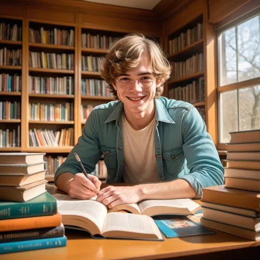 Prompt: (manga 1970's style), happy Dutch male student, studying in a library, surrounded by books, spring ambiance, sunlight streaming through windows, (vibrant colors), detailed facial expressions, warm and cheerful atmosphere, cozy library interior, vintage 1970s aesthetic, (ultra-detailed), bright yet soft lighting, evoking a sense of enthusiasm and joy in learning.