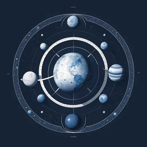 Prompt: celestial sphere with 2 moons and 4 planets in blue and white tones, minimalistic design