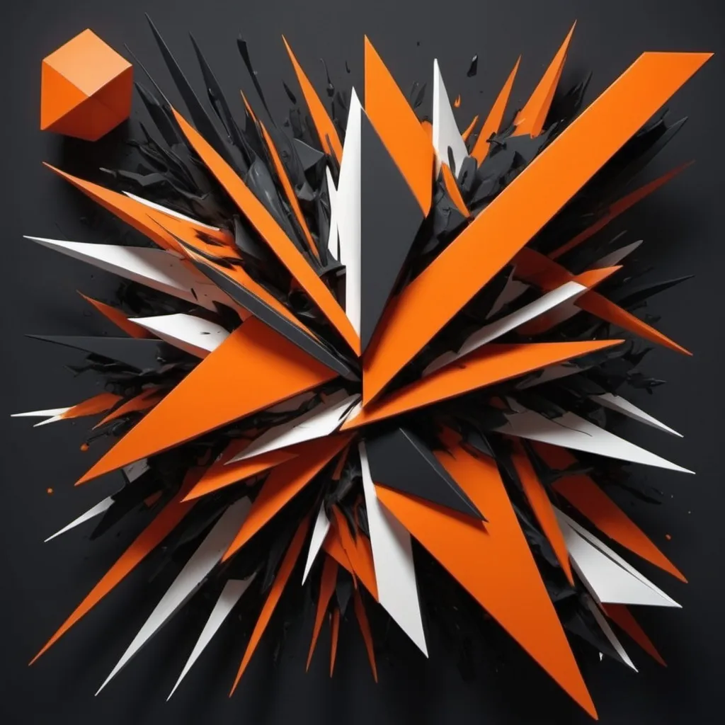 Prompt: Create a 3d abstract geometric representation of Impulsiveness, depicting chaos, rebellion, and lack of control. Use sharp, erratic shapes and jagged lines to symbolize impulsivity and recklessness. Incorporate bold, contrasting colors like dark oranges, blacks, and bright neons to represent defiance, rage, and risky behavior. Include disjointed or fragmented elements to reflect rash decisions and instability. The overall composition should feel dynamic, unrestrained, and turbulent, capturing the essence of impulsivity and carelessness.