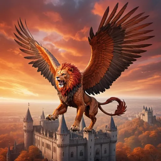 Prompt: (griffin in flight), impressive and determined expression, majestic wings spread wide, detailed feathers, tail of a lion, soaring from a grand gothic castle, (vibrant orange and red tones), dramatic sky at dawn, dynamic motion effect, intricate castle architecture, (highly detailed), epic atmosphere, immersive fantasy setting, enchanting background.