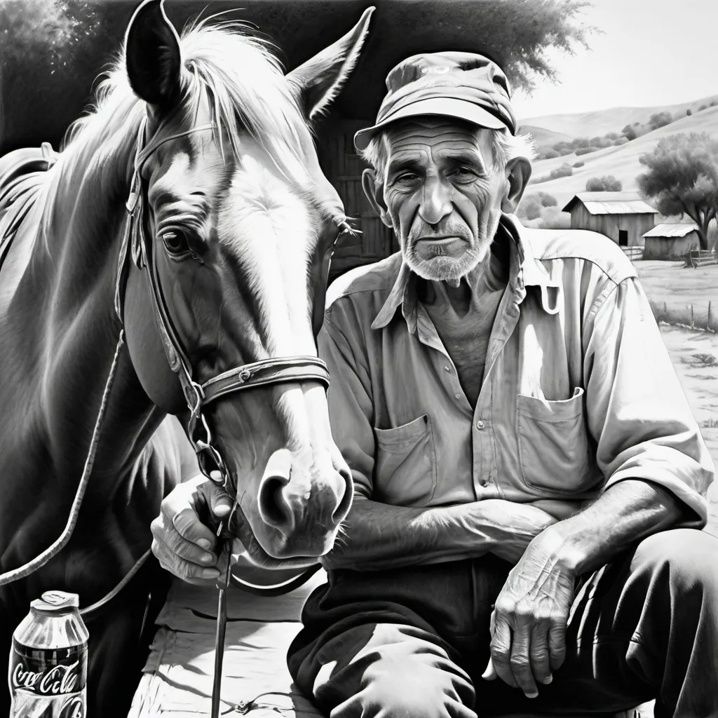 Prompt: (black and white pencil painting) a resolute old poor Ashkenazi man, (detailed facial expressions), sitting next to his old skinney horse, drinking Coca Cola, radiant summer sunshine, an aura of hope, rustic Moshav setting, gentle agricultural background, tranquil atmosphere, warm tones, high depth, ultra-detailed, evoking nostalgia and resilience.