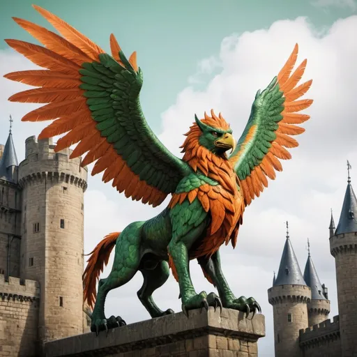 Prompt: an impressive, determined looking griffin embarking on a flight from a castle eastwards. gothic style, orange and green, and his whole body in the picture.
