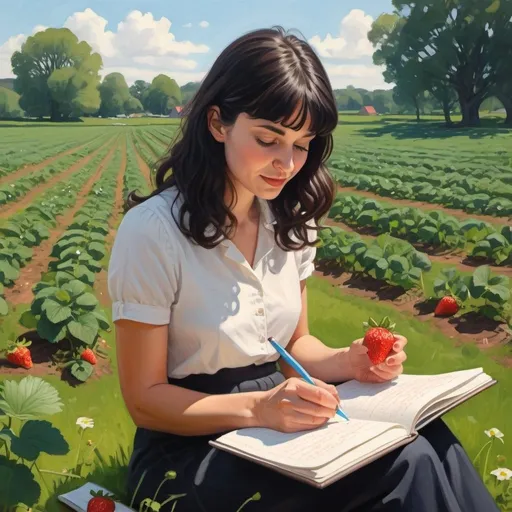 Prompt: a gentle painting of a tiny happy modern educated secular dark haired woman sitting writing a diary in hugh strawberry fields, spring time, sunshine, gentle lines, strawberries
