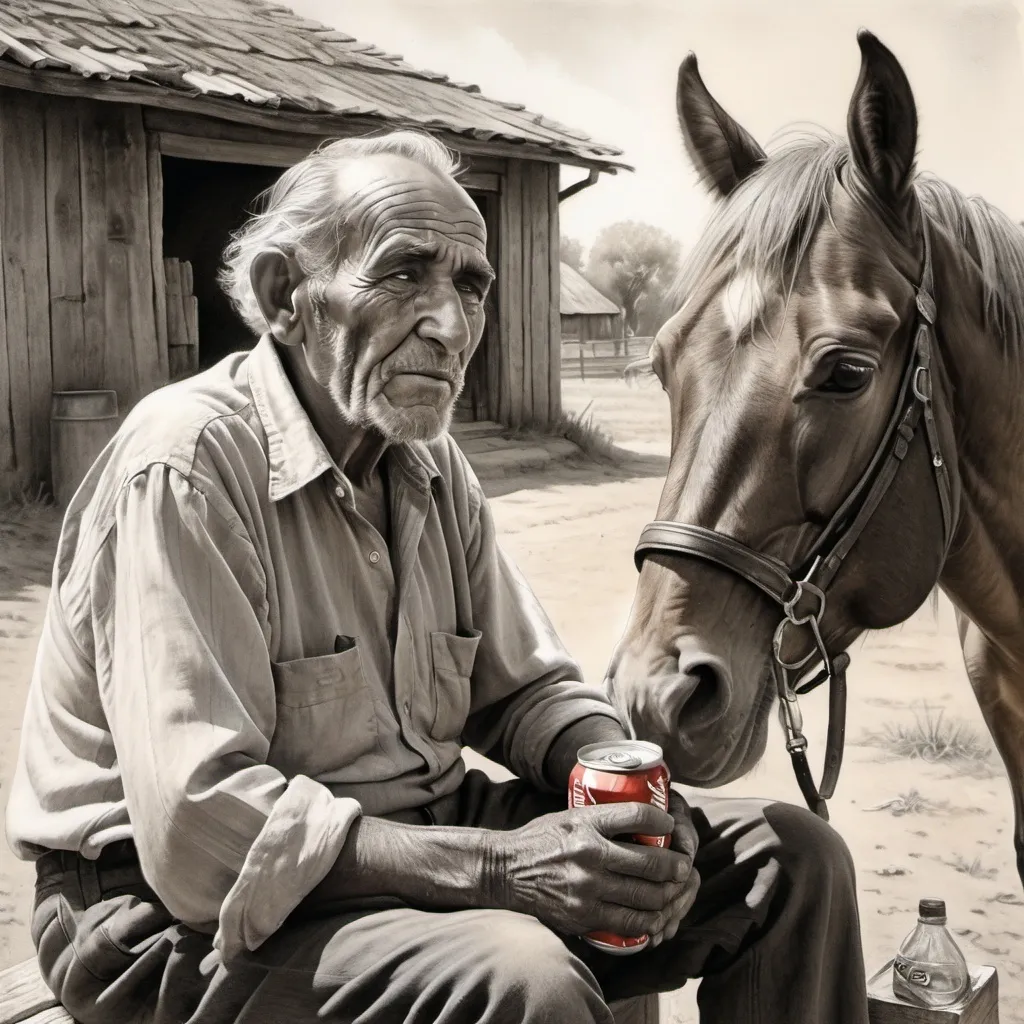 Prompt: (pencil painting) a resolute old poor Ashkenazi man, (detailed facial expressions), sitting next to his old horse, drinking Coca Cola, radiant summer sunshine, an aura of hope, rustic Moshav setting, gentle agricultural background, tranquil atmosphere, warm tones, high depth, ultra-detailed, evoking nostalgia and resilience.