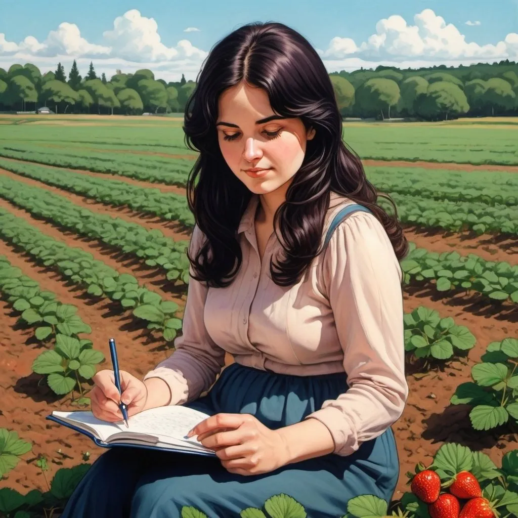 Prompt: an 1970's manga style painting of a 30 years old happy chubby modern educated secular dark haired, turkish  woman sitting writing a diary in hugh strawberry fields, spring time, sunshine, gentle lines, strawberries