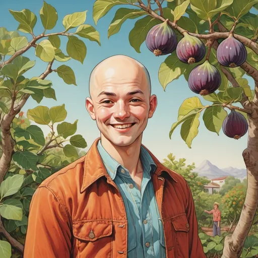 Prompt: manga 1970's style), painting, happy young bald man standing next to a fig tree, (vibrant colors), detailed facial expressions, warm and cheerful atmosphere, spring, vintage 1970s aesthetic, (ultra-detailed), bright yet soft lighting, evoking a sense of enthusiasm and joy in gardening.