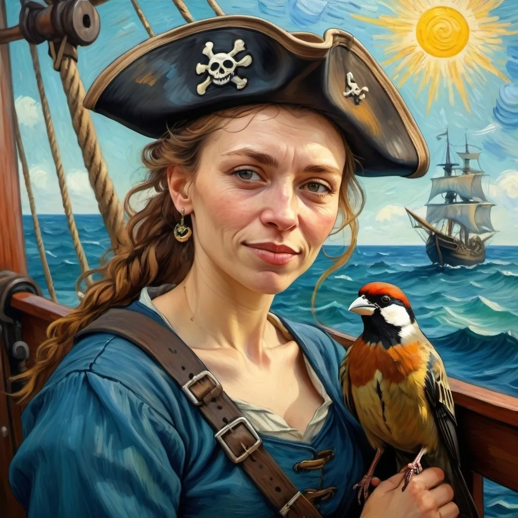 Prompt: a van gogh style detailed painting of a beautiful happy tough Polish woman, pirate, with a sparrow on her shoulder, on a ship. Nuanced facial expressions, sun, hope, sea, love