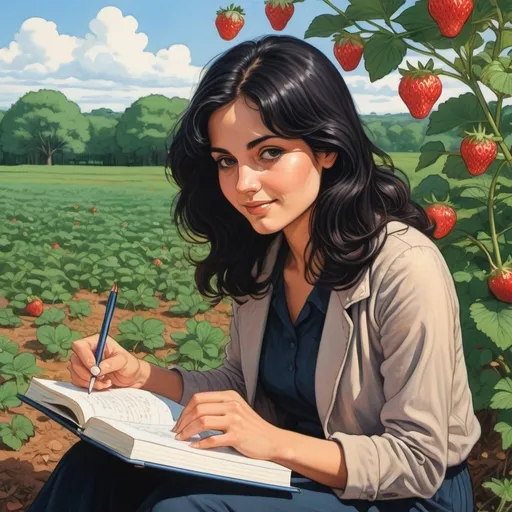 Prompt: an 1970's manga style painting of a 30 years old happy round faced modern educated secular dark haired, middle eastern woman sitting writing a diary in hugh strawberry fields, spring time, sunshine, gentle lines, strawberries