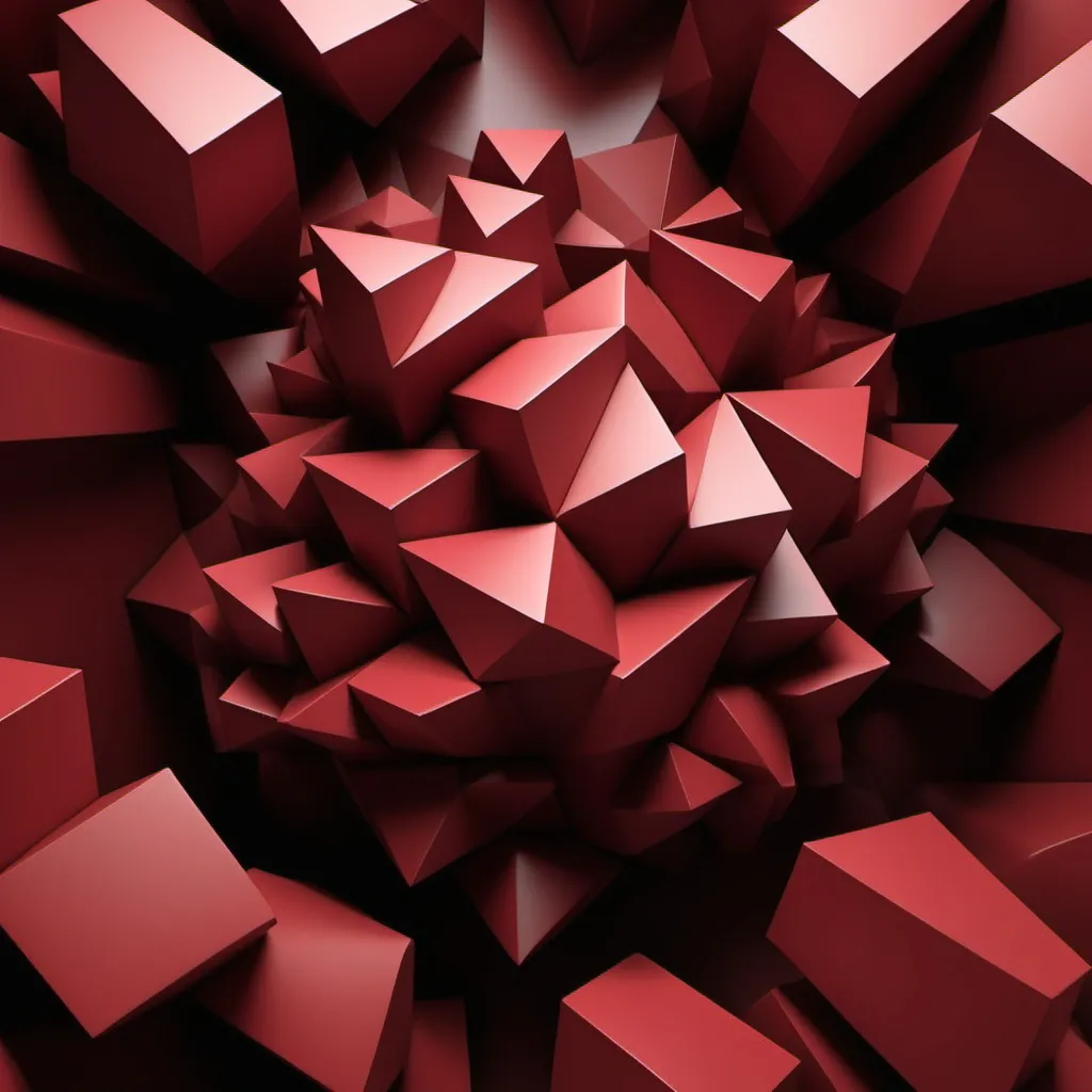 Prompt: Create a 3d abstract geometric representatio of deep anger [dark red], feelings of victimization, bitterness, and negativity, pessimism, jealousy, and rage.  intense anger, anxiety, frustration, self-doubt, and a sense of being unsupported and vulnerable.