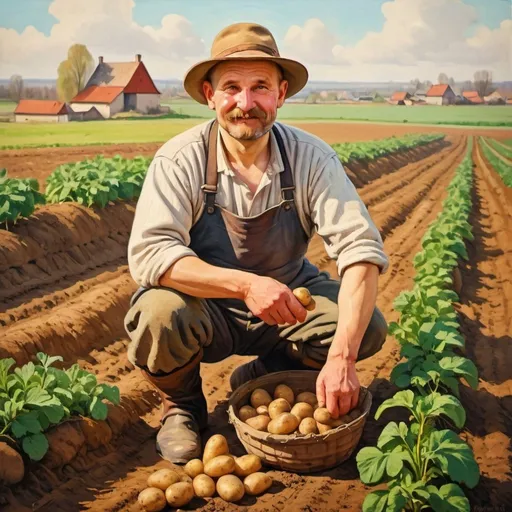 Prompt: painting of a cheery 40 years old polish farmer growing potatoes, spring time, lively, warm colors, 19th century style