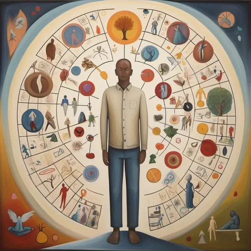 Prompt: A symbolic and serene painting representing the concept of the 'Healthy Adult' in schema therapy. Depict a person standing confidently in a balanced, peaceful setting, embodying qualities like decision-making, problem-solving, and nurturing. They are surrounded by symbols of ambition, boundaries, and healthy relationships, such as a clear path, supportive hands, and connected figures. The background shows a blend of day and night, symbolizing the person’s focus on the present and hope for the future. Include elements that represent physical health and self-care, like fruits or a fitness activity. The figure appears strong and compassionate, looking forward with a peaceful expression, symbolizing forgiveness and resilience, with no signs of being a victim but rather a survivor. The environment is calm, organized, and inviting, reflecting a state of well-being and balance.