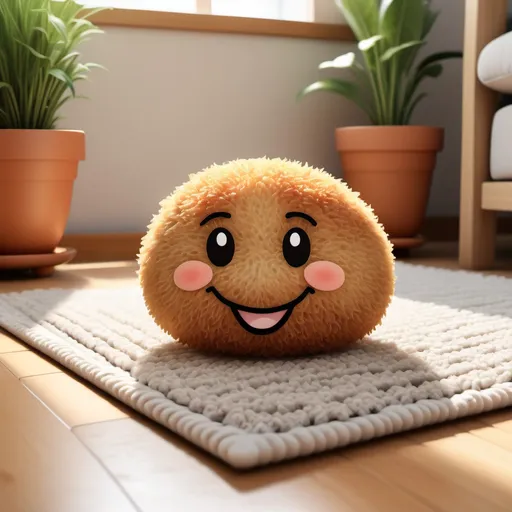 Prompt: a smiling realistic fried croquette sitting on a carpet to meditate, in a tidy cosy room with much sunshine and some plants, happy, serene, content