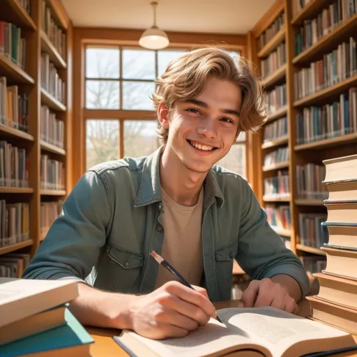 Prompt: (manga style), happy Dutch male student, studying in a library, surrounded by books, spring ambiance, sunlight streaming through windows, (vibrant colors), detailed facial expressions, warm and cheerful atmosphere, cozy library interior, vintage 1970s aesthetic, (ultra-detailed), bright yet soft lighting, evoking a sense of enthusiasm and joy in learning.