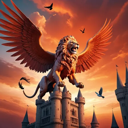 Prompt:  mythological creature with a winged  lion's body and a bird's head, soaring from a grand gothic castle, wings spread wide, (vibrant orange and red tones), dramatic sky at dawn, dynamic motion effect, intricate castle architecture, (highly detailed), epic atmosphere, immersive fantasy setting, enchanting background.