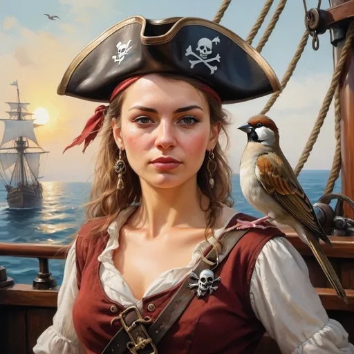 Prompt: a rennaisance style detailed painting of a beautiful Polish woman, pirate, with a sparrow on her shoulder, on a ship. Nuanced facial expressions, sun, hope, sea, love