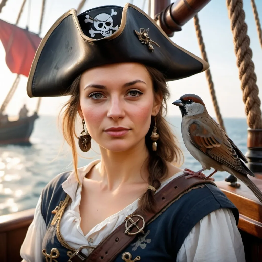 Prompt: a detailed painting of a beautiful Polish woman, pirate, with a sparrow on her shoulder, on a ship. Nuanced facial expressions, sun, hope, sea, love