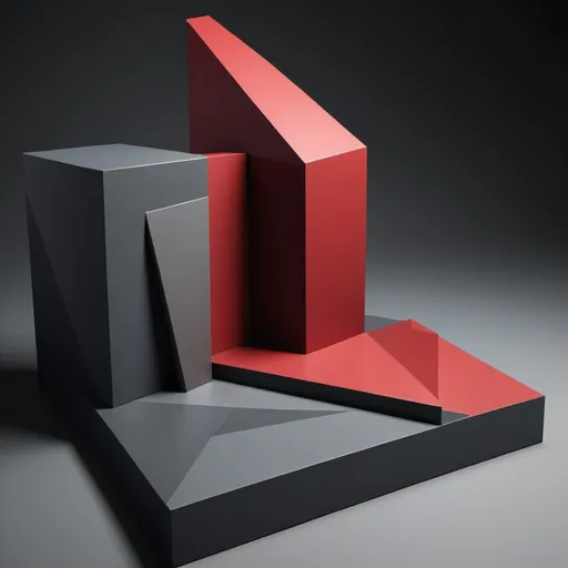 Prompt: a 3d model of harsh, angular geometric forms—such as rigid, sharp-edged rectangles and severe lines—that convey a sense of relentless judgment and punishment. The color palette includes dark, somber shades like deep reds and grays, reflecting sadness, anger, and impatience. The design features intersecting, oppressive shapes and a lack of smooth transitions, illustrating the rigidity and unforgiving nature of this mode. The overall composition is harsh and unforgiving, symbolizing the relentless demand for perfection and the harsh self-criticism associated with this schema.