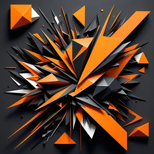 Prompt: Create a 3d abstract geometric representation of Impulsiveness, depicting chaos, rebellion, and lack of control. Use sharp, erratic shapes and jagged lines to symbolize impulsivity and recklessness. Incorporate bold, contrasting colors like dark oranges, blacks, and bright neons to represent defiance, rage, and risky behavior. Include disjointed or fragmented elements to reflect rash decisions and instability. The overall composition should feel dynamic, unrestrained, and turbulent, capturing the essence of impulsivity and carelessness.