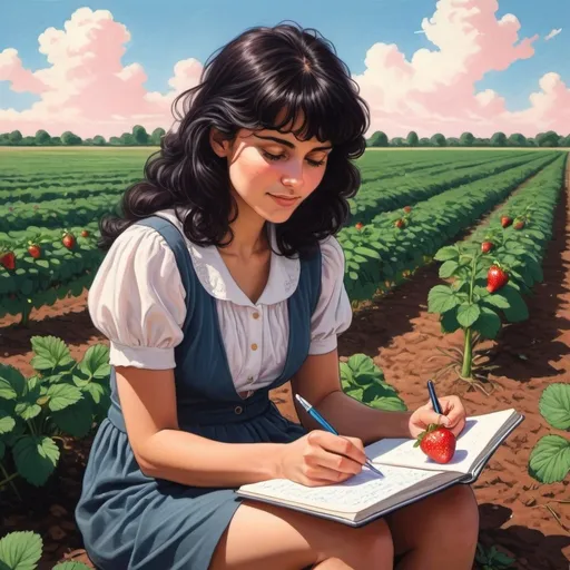 Prompt: an 1980's manga style painting of a 30 years old happy round faced modern educated secular dark haired, middle eastern woman sitting writing a diary in hugh strawberry fields, spring time, sunshine, gentle lines, strawberries