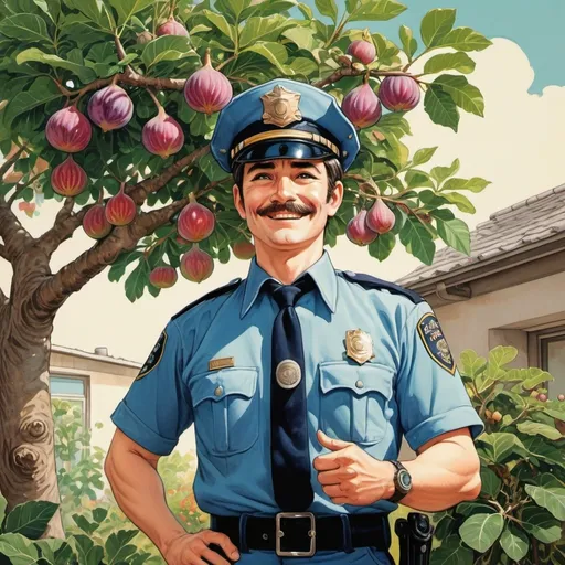 Prompt: manga 1970's style), painting, happy policeman standing next to a fig tree, (vibrant colors), detailed facial expressions, warm and cheerful atmosphere, spring, vintage 1970s aesthetic, (ultra-detailed), bright yet soft lighting, evoking a sense of enthusiasm and joy in gardening.