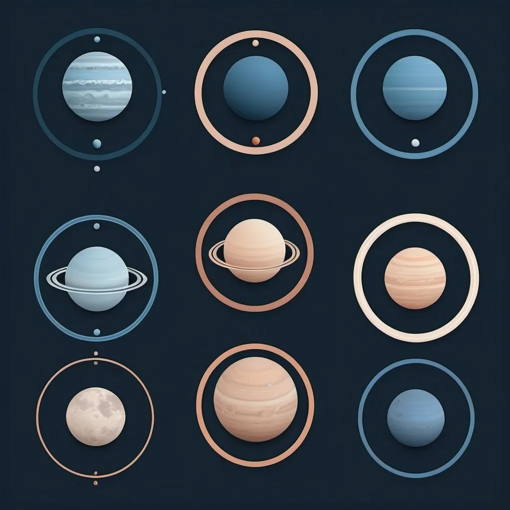 Prompt: Minimalistic digital art of 6 planets, 4 moons, and 2 rings, serene and simplistic design, cool blue color palette, ultra-detailed, digital art, minimalistic design, 6 planets, 4 moons, 2 rings, serene, cool tones, simplistic, high quality, detailed