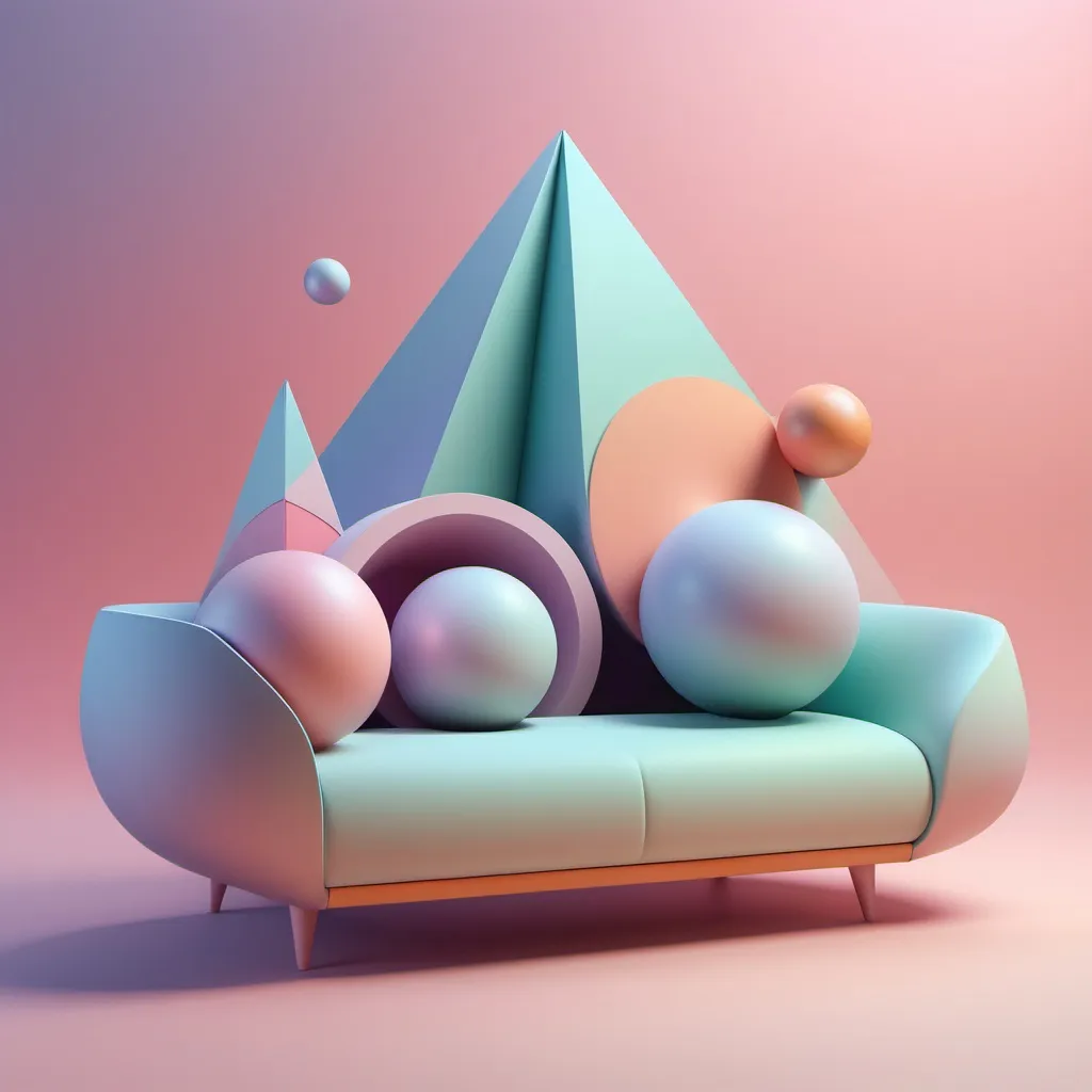 Prompt: Design a 3D geometric composition representing tranquility and balance.

Details:

Central Form: Use abstract 3D shapes (e.g., spheres, pyramids) to symbolize a relaxed figure on a couch.
Background: Create a smooth, pastel-colored gradient using large, softly blended geometric volumes (e.g., cylinders, ellipsoids).
Music Elements: Integrate flowing, ethereal 3D lines or curves suggesting floating music notes.
Overall Feel: Ensure shapes and colors create a serene and balanced atmosphere.