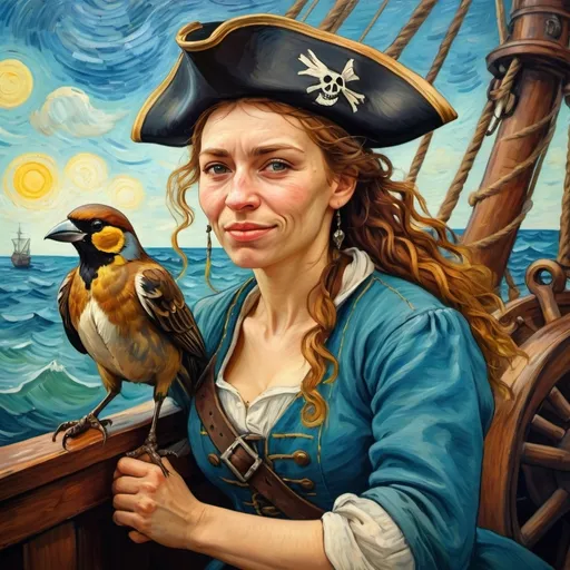 Prompt: a van gogh style detailed painting of a beautiful happy tough Polish woman, pirate, with a sparrow on her shoulder, on a ship. Nuanced facial expressions, sun, hope, sea, love